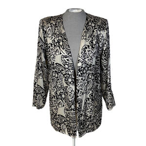 Vintage Albert Hei Silk Open Front Blazer Women’s Small White Black Paisley
